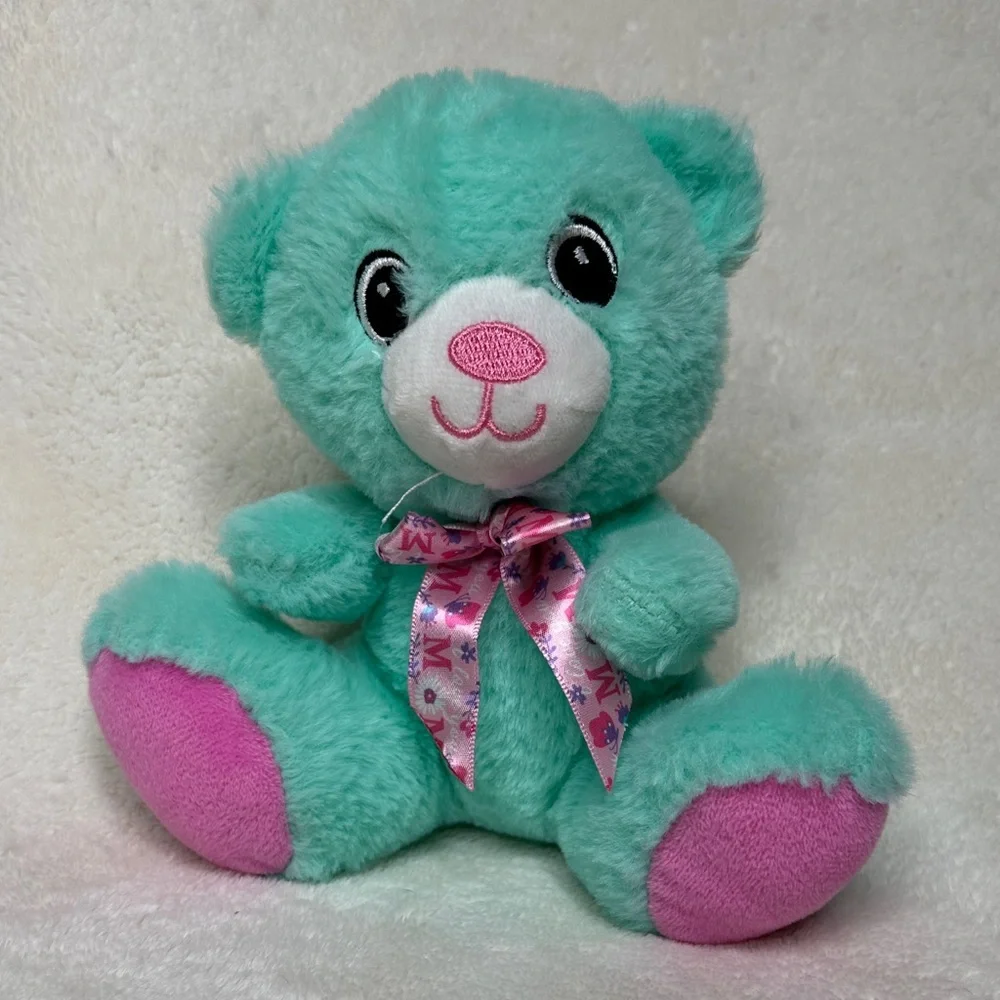Mom I Love You Ribbon Bow Tie Plush Teal & Pink Teddy Bear Bow Ribbon NWOT